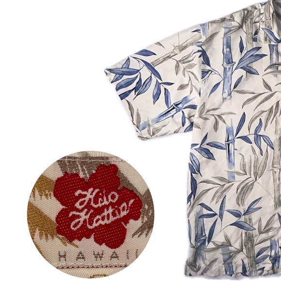 Vintage Hilo Hattie Silk Tropical Beach Bamboo Print Ivory Hawaiian Shirt Medium - Picture 2 of 9